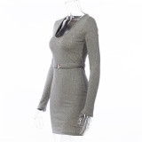 Fashion Knitting V-Neck Long Sleeves Mini Bodycon Dress  MLS1019