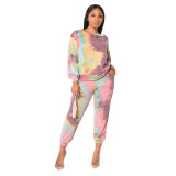 Fashion Tie Dye Printed Round Neck Long Sleeves Hollow Out Top With Trousers Two Pieces Sets MTY6576