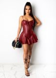 Fashion Leather Suspenders Backless Lace-Up Mini Bodycon Dress  AL152