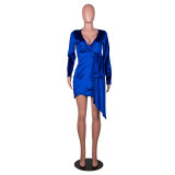 Fashion Velvet V-Neck Long Sleeves Irregular Mini Dress  A6651