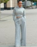 Fashion Solid Color Long Sleeves Backless Mini Sweater With High Waist Wide Leg Pants Two Pieces Sets MTY6356