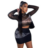 Sexy Mesh Stitching Printed Round Neck Long Sleeves Cropped Top With Mini Skirt Two Pieces Sets  K9827