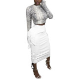 Fashion Solid Color High Waist Drawstring Midi Skirt  VK2078