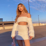 Sexy Solid Color Off Shoulder Long Sleeves Backless Cropped Top With Mini Skirt Two Pieces Sets  25403P