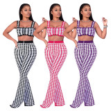 Fashion Plaid Suspenders Mini Top With High Waist Flared Pants Two Pieces Sets  F8326
