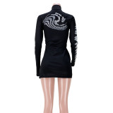 Fashion Printed High Collar Long Sleeves Split Mini Bodycon Dress  GL6329