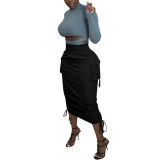 Fashion Solid Color High Waist Drawstring Midi Skirt  VK2078