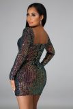 Sexy Sequins Square Collar Long Sleeves Backless Mini Bodycon Dress  JLX8569