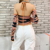 Sexy Printed V-Neck Backless Long Sleeves Lace-Up Mini Tops  K20L10248