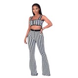 Fashion Plaid Suspenders Mini Top With High Waist Flared Pants Two Pieces Sets  F8326