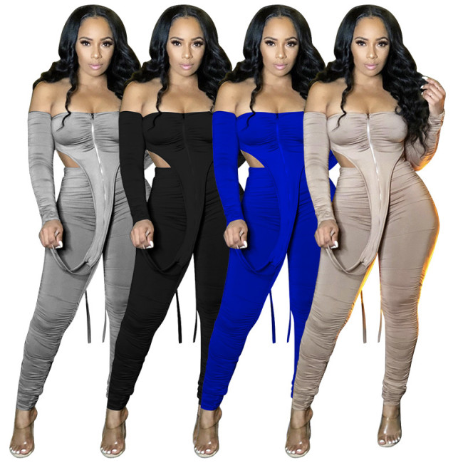 Sexy Off Shoulder Long Sleeves Backless Bodysuit With Trousers Pleated Two Pieces Sets  K9815