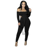 Sexy Off Shoulder Long Sleeves Backless Bodysuit With Trousers Pleated Two Pieces Sets  K9815