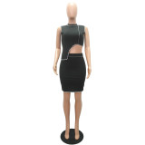 Fashion Round Neck Sleeveless Irregular Top With Mini Skirt Two Pieces Sets  M2077