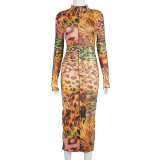 Fashion Leopard Printed Round Neck Long Sleeves Midi Bodycon Dress Q20593D