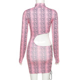 Sexy Printed Hollow Out High Collar Long Sleeves Mini Bodycon Dress  K20D10074