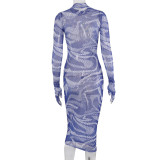 Sexy See-Through Mesh Printed Round Neck Long Sleeves Maxi Dress  A20065D