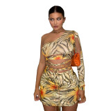 Sexy Printed One Shoulder Long Sleeves Hollow Out Mini B odycon Dress  K20D09372