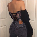 Sexy Printed Off Shoulder Long Sleeves Backless Mini Tops  G19613T