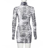 See-Through Mesh Printed High Collar Long Sleeves Mini Bodycon Dress  D1735278
