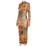 Fashion Leopard Printed Round Neck Long Sleeves Midi Bodycon Dress Q20593D