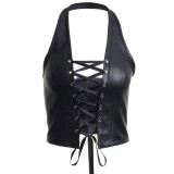 Sexy Strappy Sleeveless Backless Mini Leather Vest  A20248T