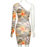 Sexy Printed One Shoulder Long Sleeves Hollow Out Mini B odycon Dress  K20D09372