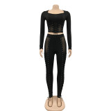 Sexy Mesh Stitching Strappy Deep Neck Long Sleeves Cropped Tops With Trousers Two Pieces Sets  C3998