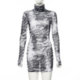 See-Through Mesh Printed High Collar Long Sleeves Mini Bodycon Dress  D1735278