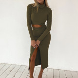 Fashion Knitted High Collar Long Sleeves Tops With Midi Skirt Two Pieces Sets  K20S09080