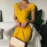 Sexy Knitted Round Neck Short Sleeves Mini Bodycon Dress  80066P