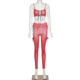 Sexy Printed Suspenders Backless Mini Tops With Hollow Out Lace-Up Trousers Two Pieces Sets  K20S10124