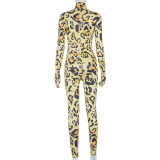 Fashion Leopard Printed High Collar Long Sleeves Skinny Jumpsuit  A20837J
