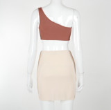 Sexy Contrast Stitching One Shoulder Cropped Tops With Mini Skirt Two Pieces Sets  md047