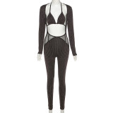 Sexy Mesh Stitching Hollow Out Long Sleeves Jumpsuit With Bra Two Pieces Sets  K20Q09909