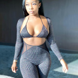 Sexy Mesh Stitching Hollow Out Long Sleeves Jumpsuit With Bra Two Pieces Sets  K20Q09909
