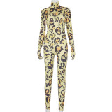 Fashion Leopard Printed High Collar Long Sleeves Skinny Jumpsuit  A20837J