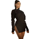 Fashion Zipper High Collar Long Sleeves Split Mini Dress  YX9263