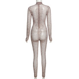 Sexy See-Through Printed Round Neck Long Sleeves Skinny Jumpsuit  K20Q09526