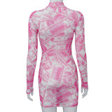 Fashion Printed Round Neck Long Sleeves Mini Bodycon Dress  A20172D
