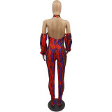 Fashion Tie Dye Printed Strapless Backless Split Pants Jumpsuit  H1586