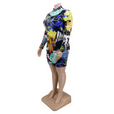 Plus Size Printed Round Neck Long Sleeves Mini Bodycon Dress CY1425