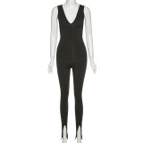 Sexy Solid Color V-Neck Sleeveless Split Jumpsuit  P1737946