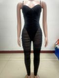 Sexy Mesh Stitching Suspenders Backless Pleated Skinny Jumpsuit  A7167
