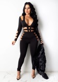 Sexy Hollow Out Deep Neck Long Sleeves Waistless Bodycon Jumpsuit  A7164