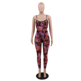 Sexy Printed Suspenders Irregular Bodysuit With Trousers Two Pieces Sets  CY8568