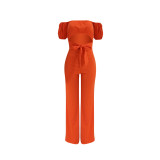 Sexy Off Shoulder Short Sleeves Hollow Out Wide Leg Pants Jumpsuit  YD8214
