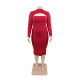 Plus Size Solid Color Hollow Out Round Neck Long Sleeves Midi Sweater Dress  CY1434