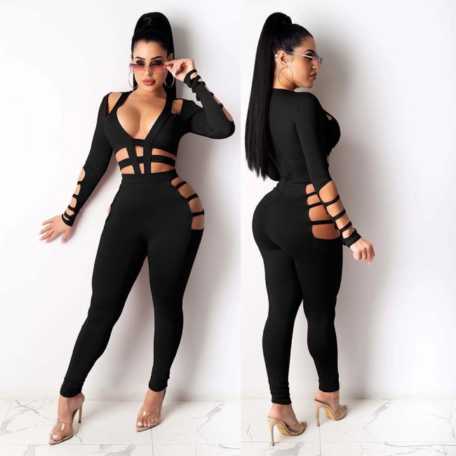 Sexy Hollow Out Deep Neck Long Sleeves Waistless Bodycon Jumpsuit  A7164