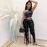 Sexy One Shoulder Sleeveless Cropped Tops With Strappy Trousers Leather Two Pieces Sets  AL154