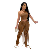 Sexy One Shoulder Sleeveless Cropped Tops With Strappy Trousers Leather Two Pieces Sets  AL154